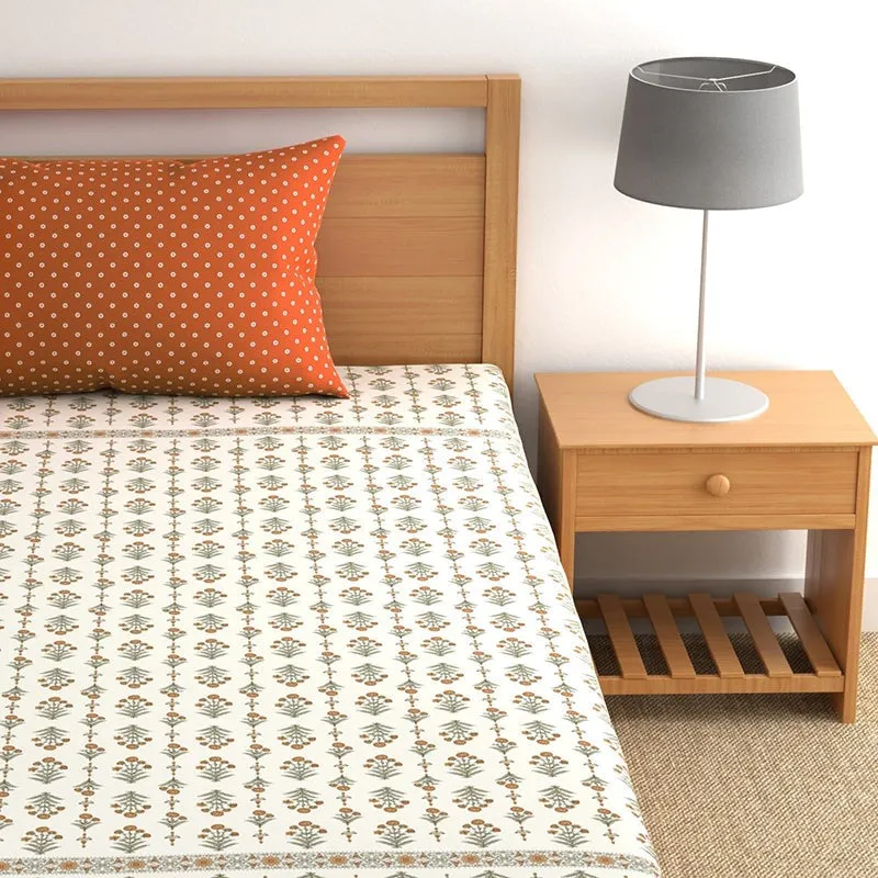 Flowers Of Jaipur Floral Microfiber Microfiber Bedsheet (Green & Orange) - 150 GSM media 5