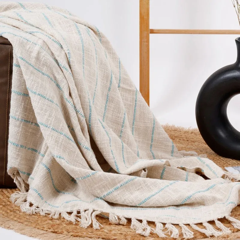 Vanilla Stitch Striped Throw - Off White & Blue media 7