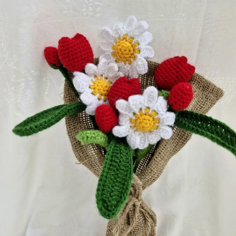 Crochet Handmade Rose & Tulip Bouquet (Red,White) - Set Of Nine media 6