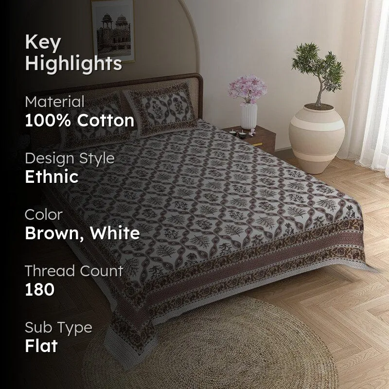 Yashasvi Ethnic Cotton Bedsheet (Brown,White) - 180 TC media 2