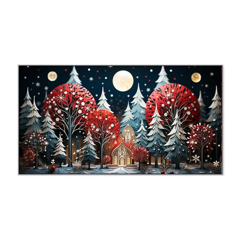 Winter Forest Cottage Landscape Canvas Wall Painting With Frame - White media 5