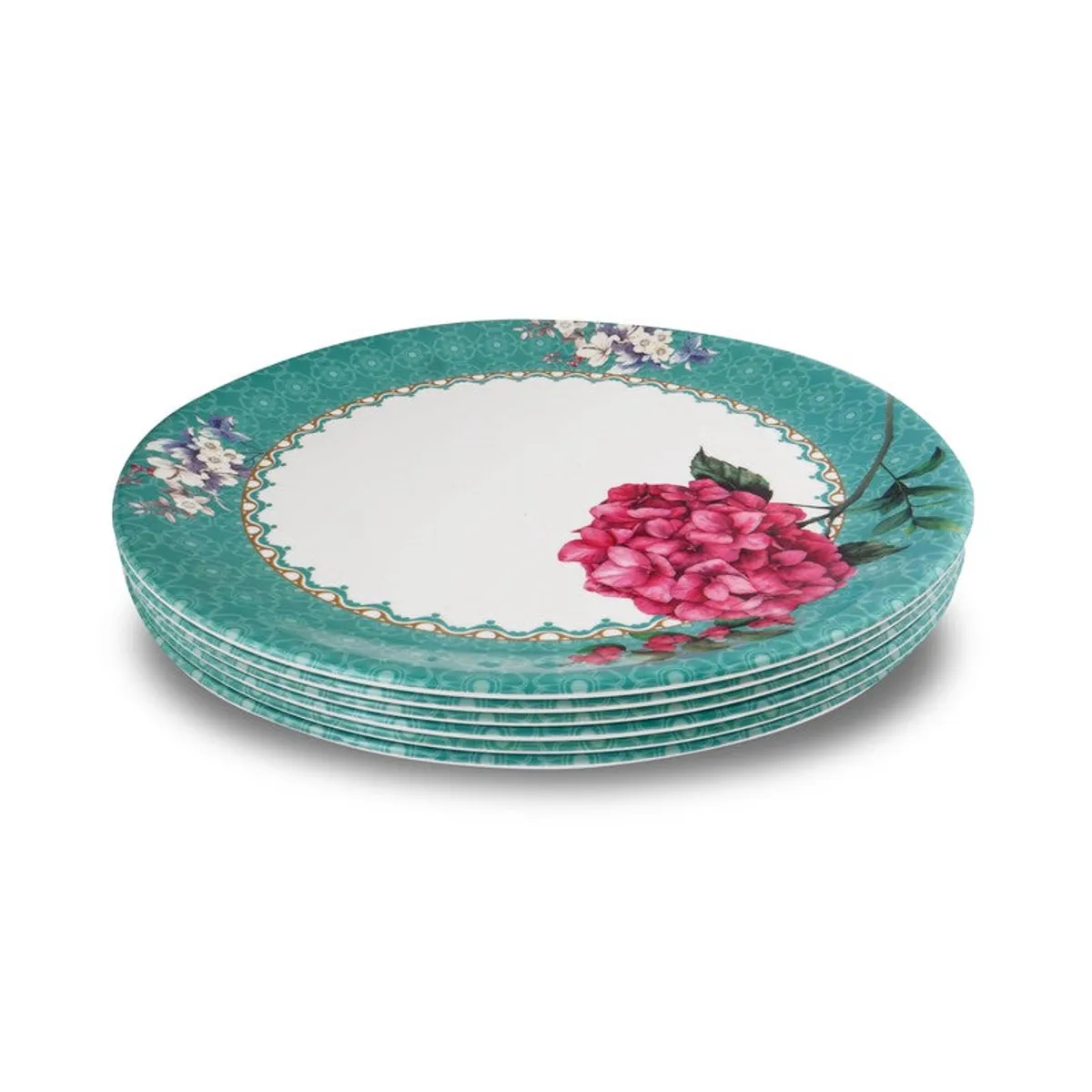 Stack of six turquoise floral dinner plates on a white background