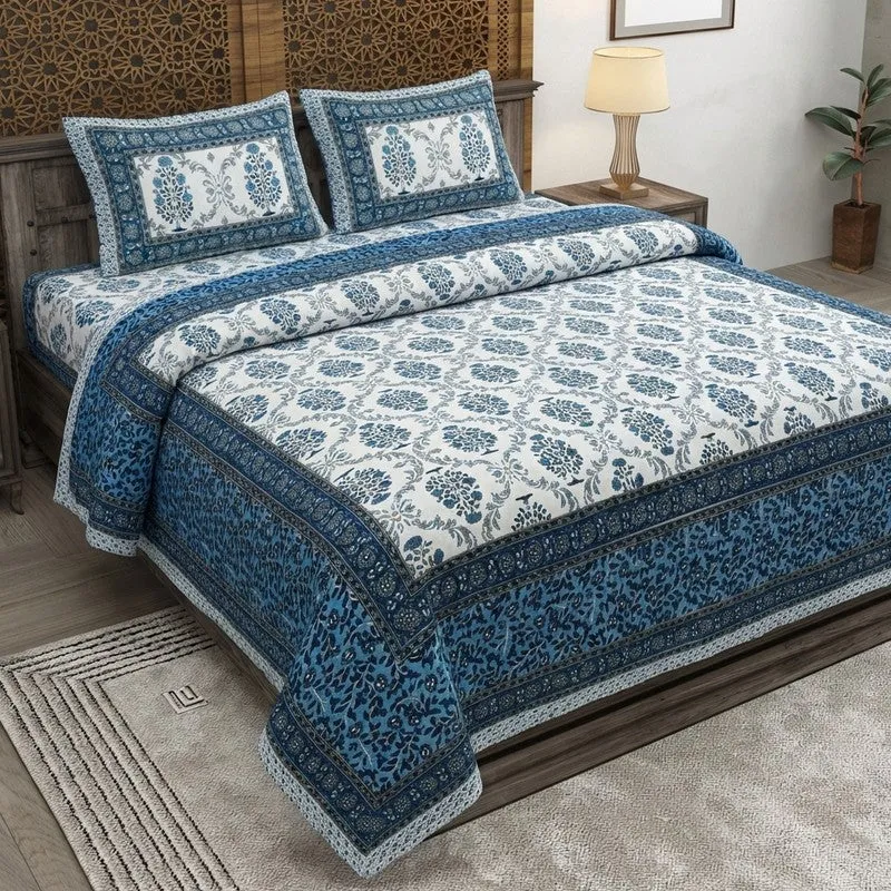 Floraa Cotton Bedsheet (Blue,White) - 240 TC media 1