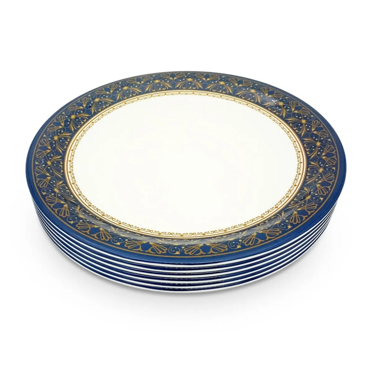 Stack of six blue and white patterned quarter plates on white background