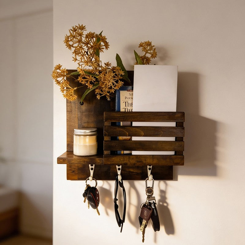 Sutra Wooden Wall Shelf Organiser with Key Holders