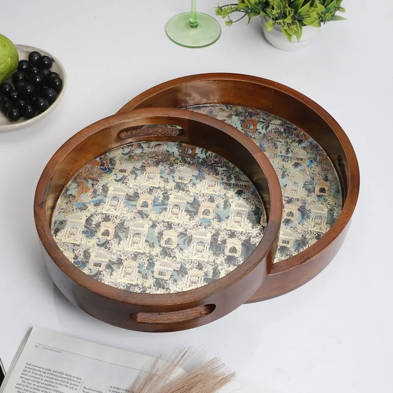 Jharokha Charm Round Wooden Serving Tray - Set of Two media 1