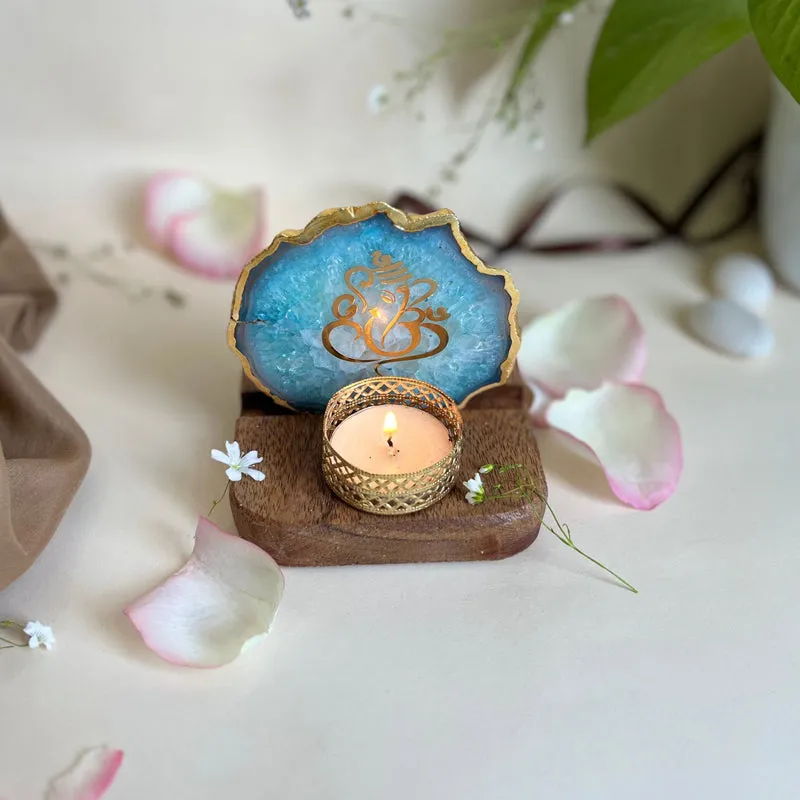 Ganesha Handcrafted Agate Religious Accent With Tealight Candle Holder - White media 4