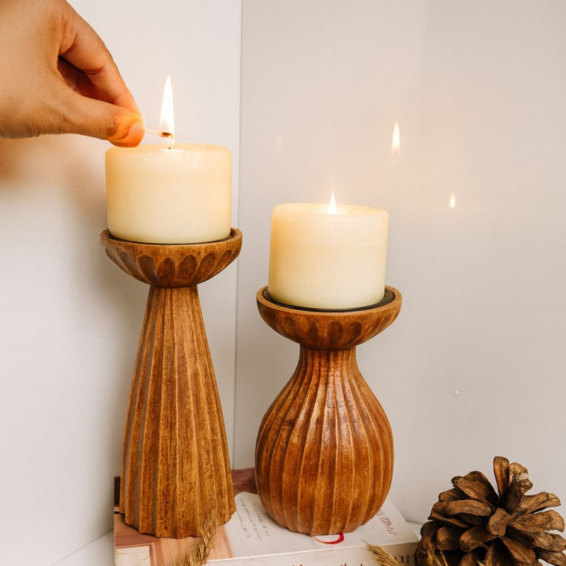 Kyra Wood Candle Holder With Candle - Set Of Two media 4