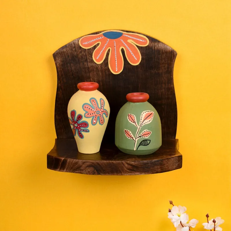 Faria Terracotta & Wood Wall Shelve With Pot - Three Piece Set media 1