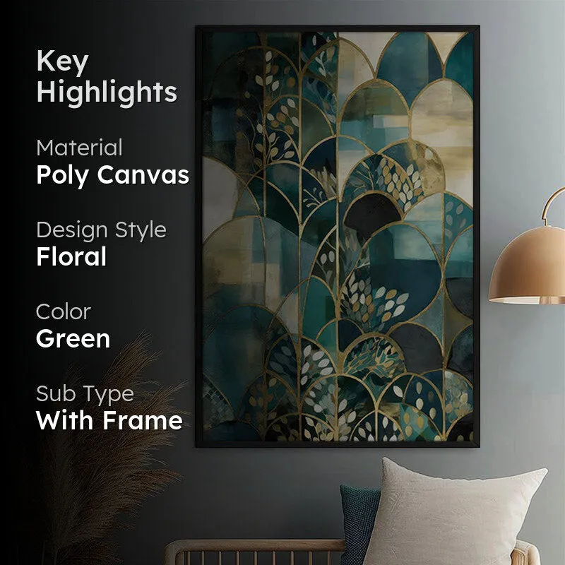 Framed wall painting in a living room setting with a highlights text overlay