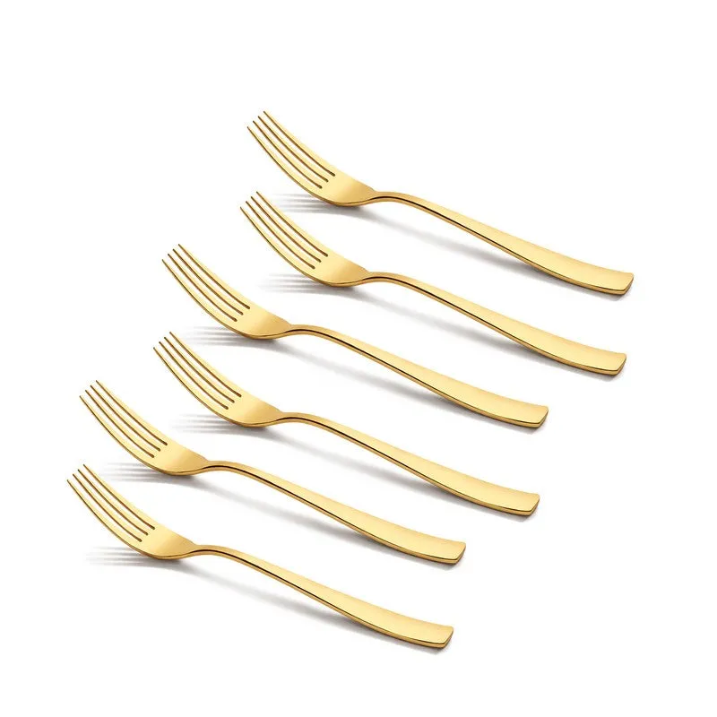 Six gold forks displayed diagonally against a white background