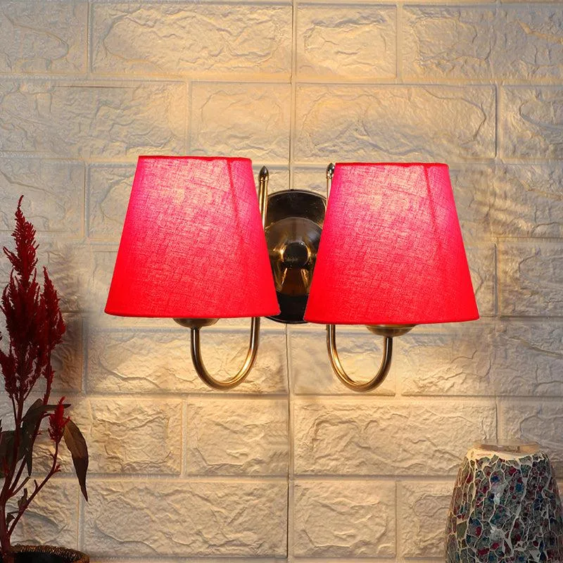 Veda Duo Conical Fabric & Metal Wall Lamp - Red media 1