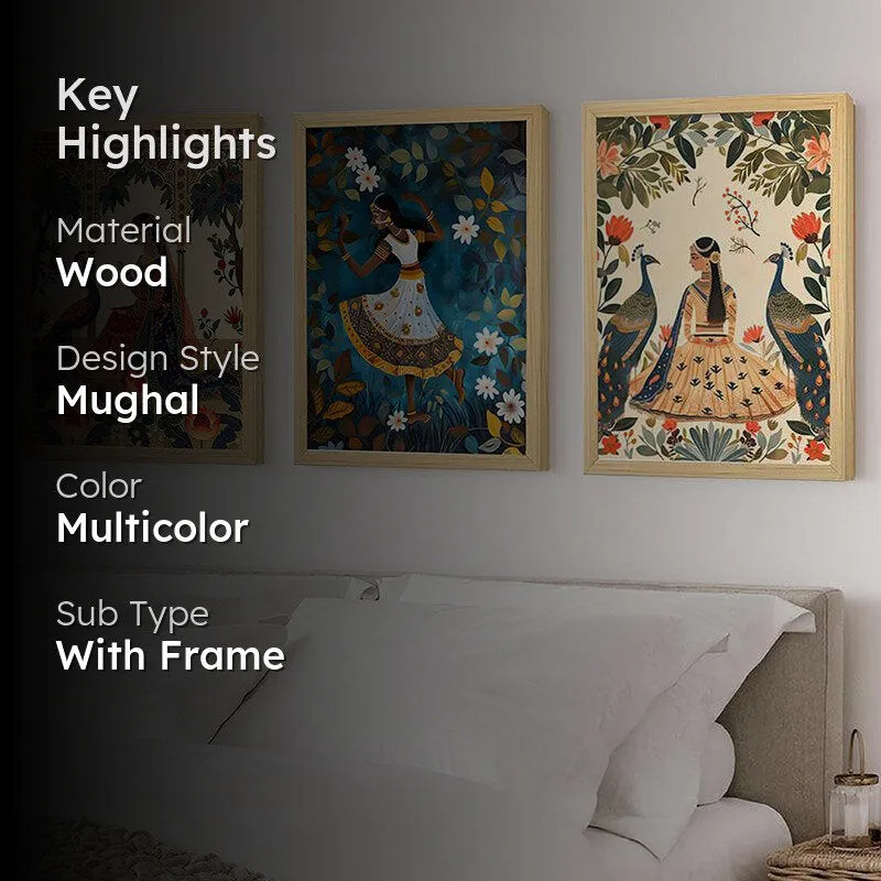 Mayura Sundari Mughal Wall Art With Frame (Blue) - Set Of Three media 2