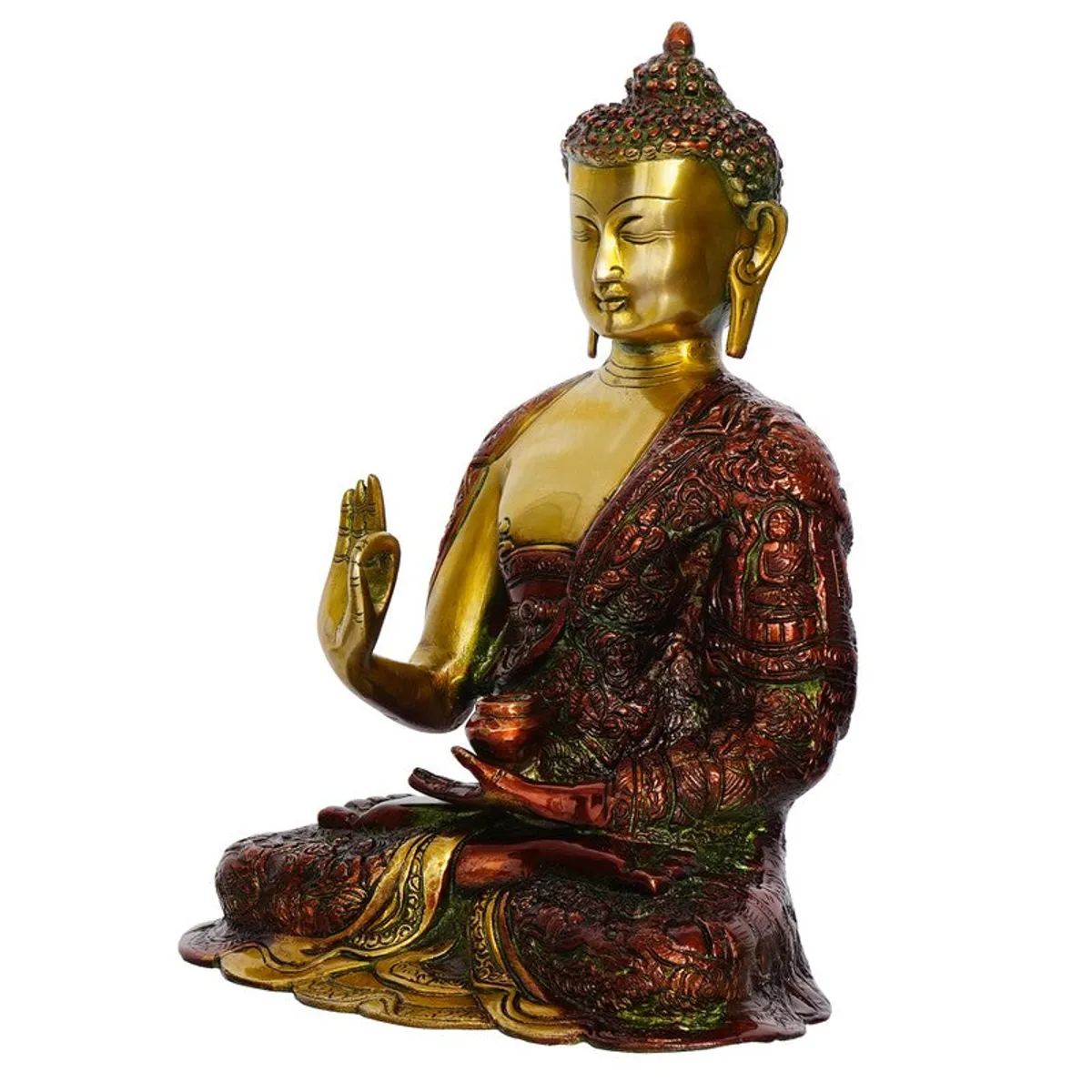 Side profile of seated Buddha idol with textured robe detailing