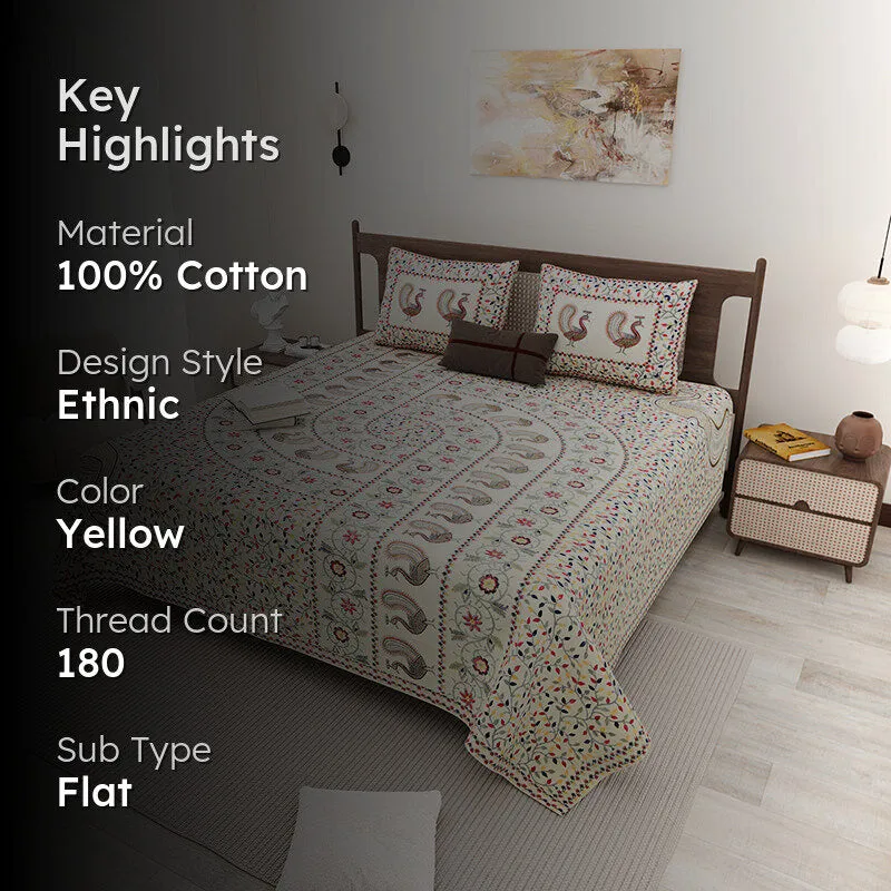 Aanchal Ethnic Cotton Bedsheet (Pale Yellow) - 180 TC media 2