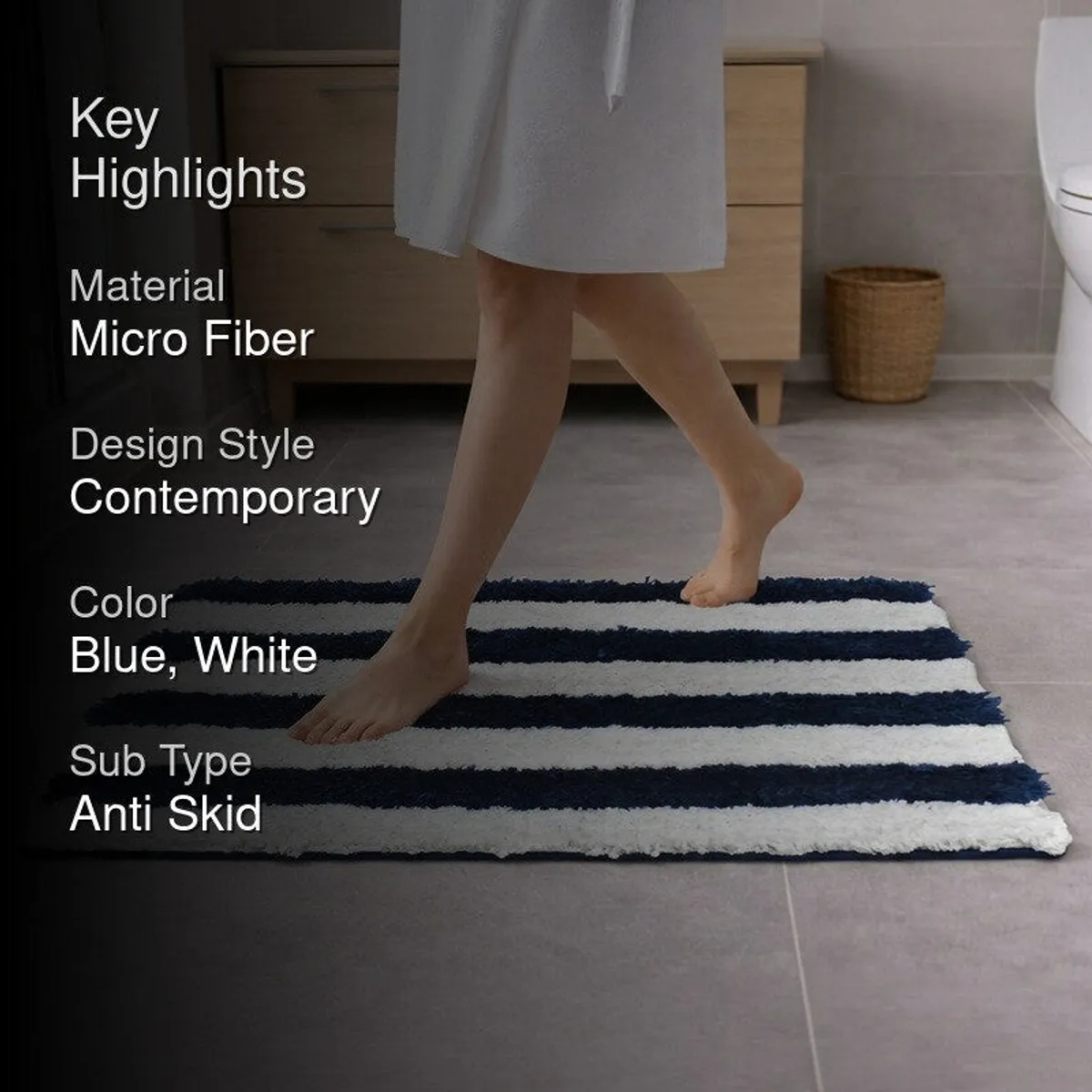 Dry Comfort Anti Skid Micro Fiber Bath Mat - Blue,White - 2