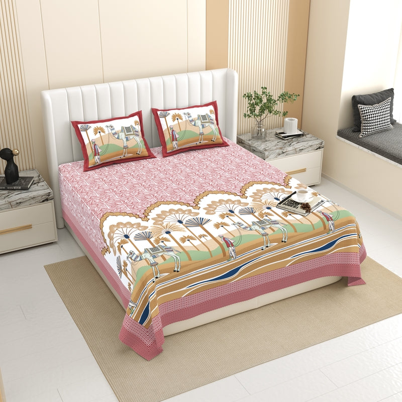 Rangriti Figure Print Cotton Bedsheet (Pink) - 120 TC - King