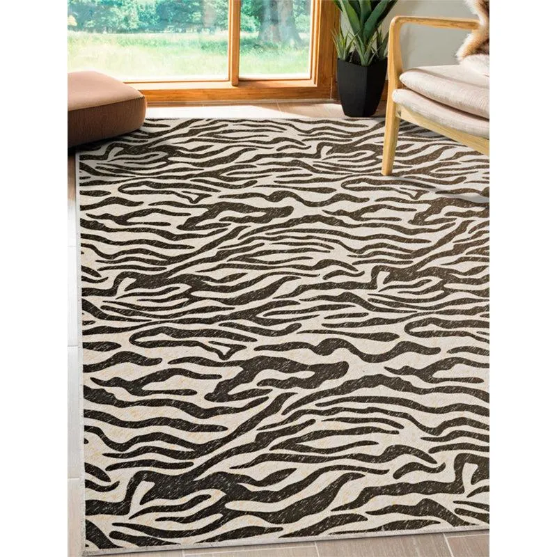 Black and white animal-print carpet placed in a living room