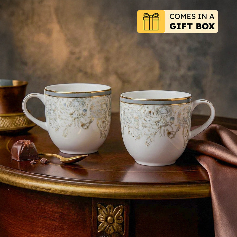 Gilded Iris Pete 24k Gold Brushed Porcelain Coffee Mug (300 mL Each/Grey) - Set Of Six