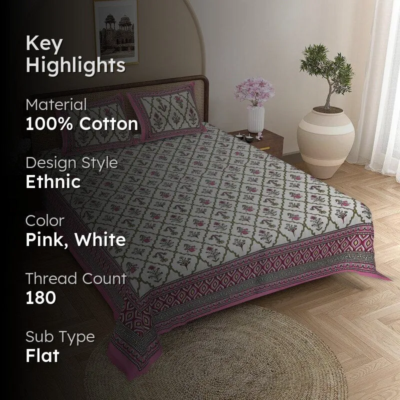 Adhira Ethnic Cotton Bedsheet (Pink,White) - 180 TC media 2