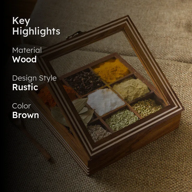 Brown wooden spice box with open lid displayed on a textured surface