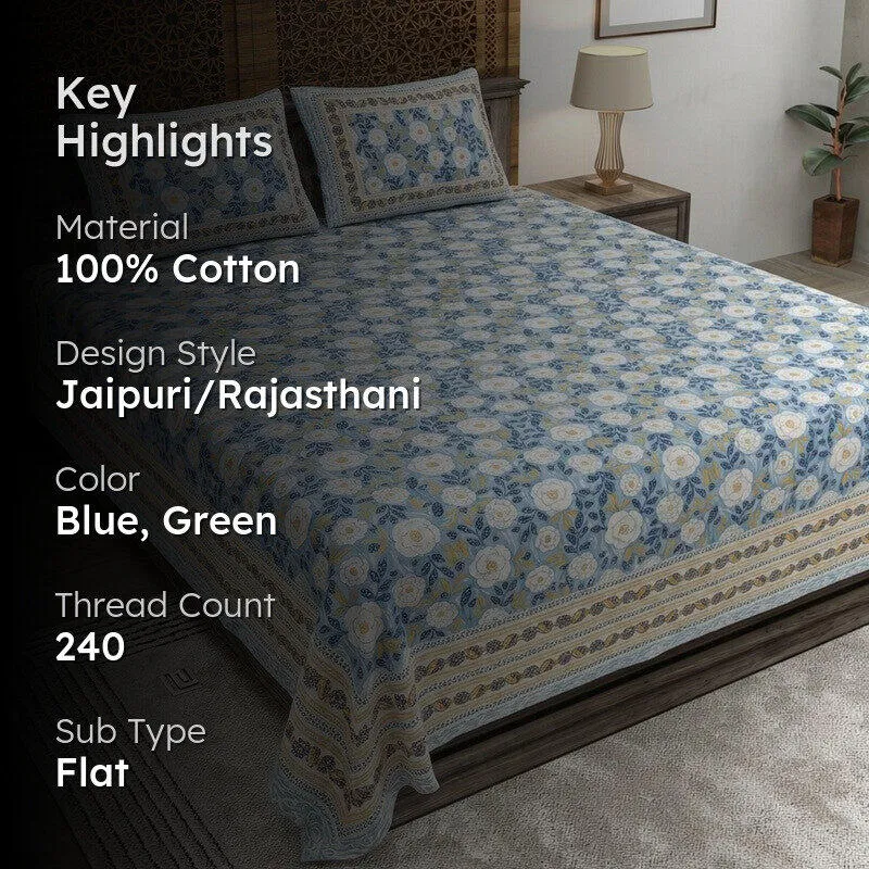Loomva Cotton Bedsheet (Blue,Green) - 240 TC media 2
