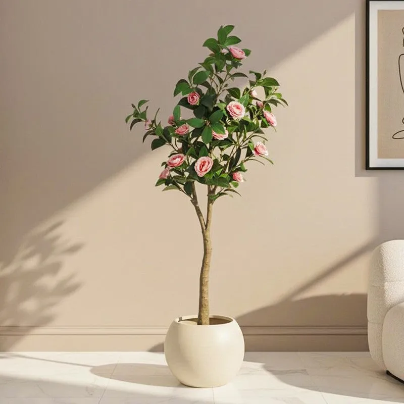 Calmyra Artificial Camellia Plant With Black Plastic Pot - 5 Feet media 1