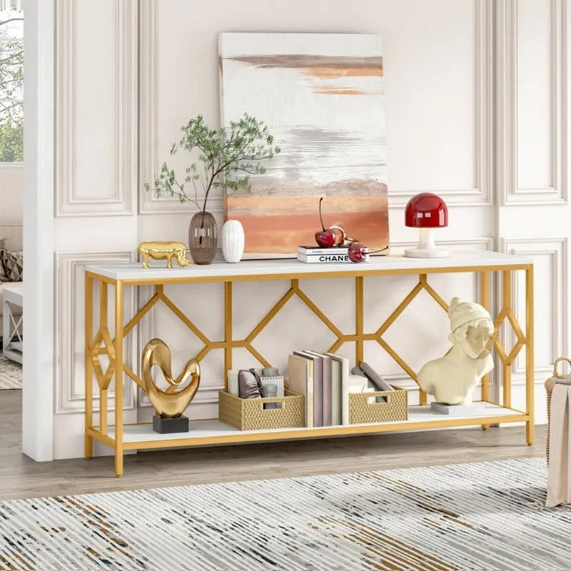 Extra Long Metal Console Table with Marble Top - Large media 1