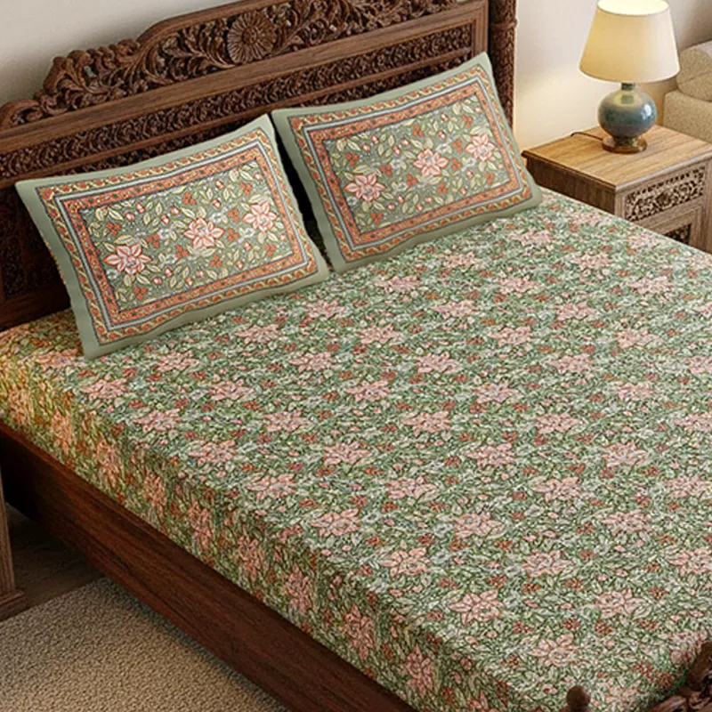 Dhriti Cotton Bedsheet (Soft Green, Pink) - 180 TC media 3