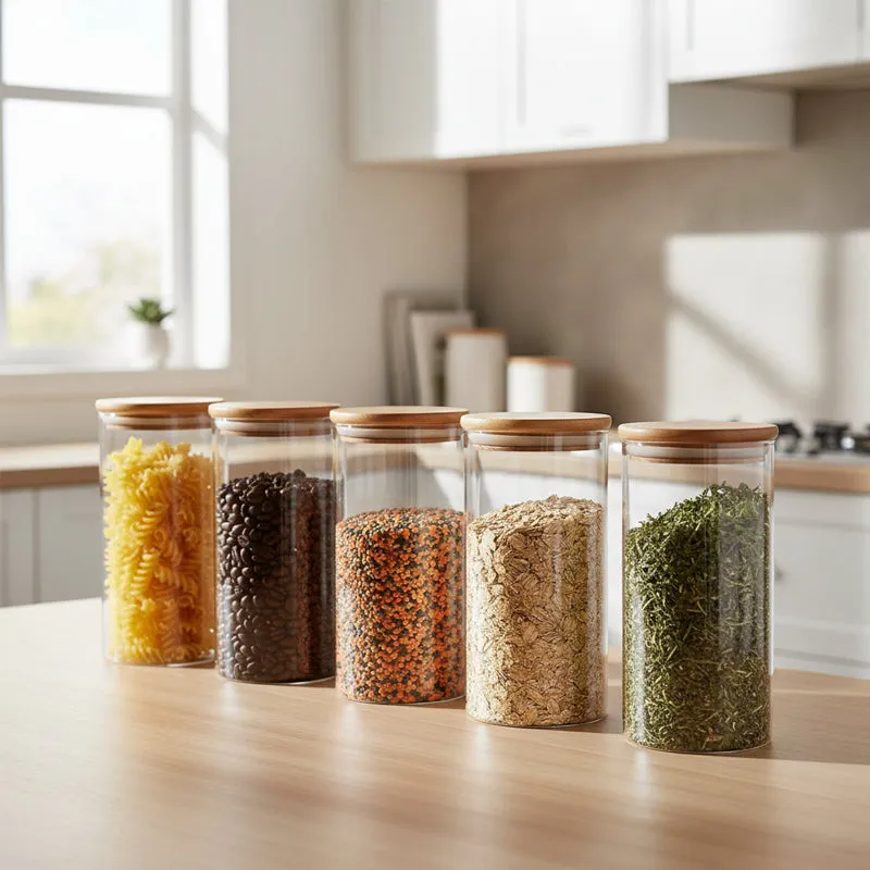 Five transparent glass storage jars with natural-toned lids arranged on a kitchen counter.