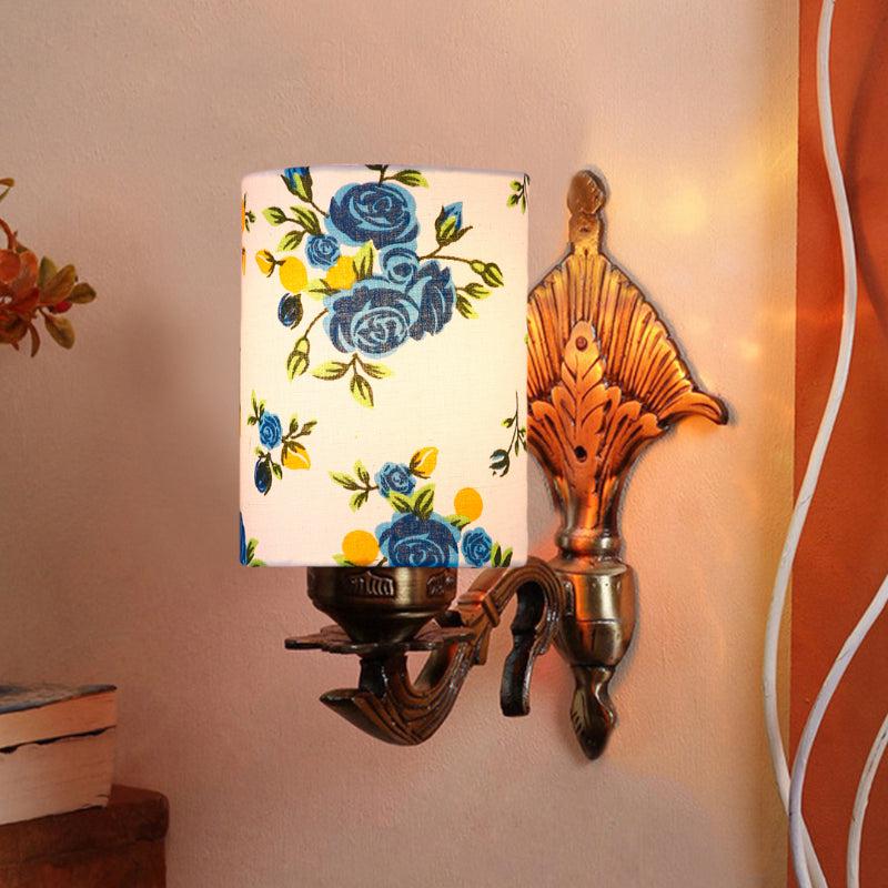 Magda Masique Blue Fleur Cylindrical Fabric & Metal Wall Lamp