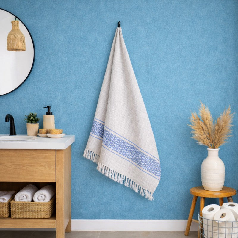 MosacStrip Cotton Bath Towel (Blue & White) - Set Of Two media 3