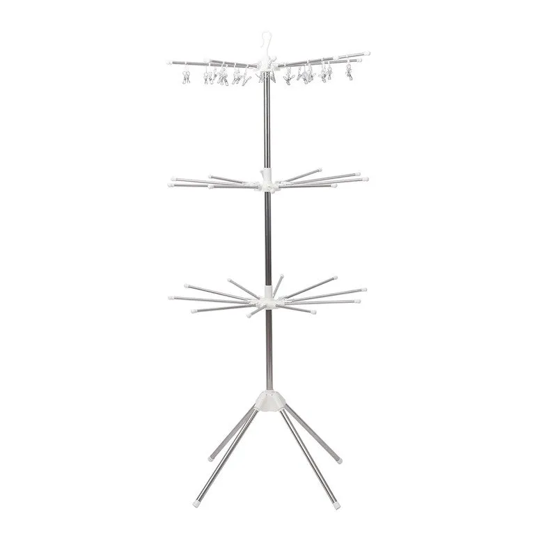 White and silver stainless steel drying rack shown empty on a plain background