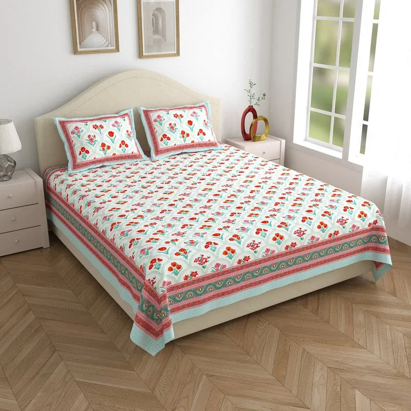 Heritage Touch Cotton Bedsheet (White,Pink) - 120 TC media 1
