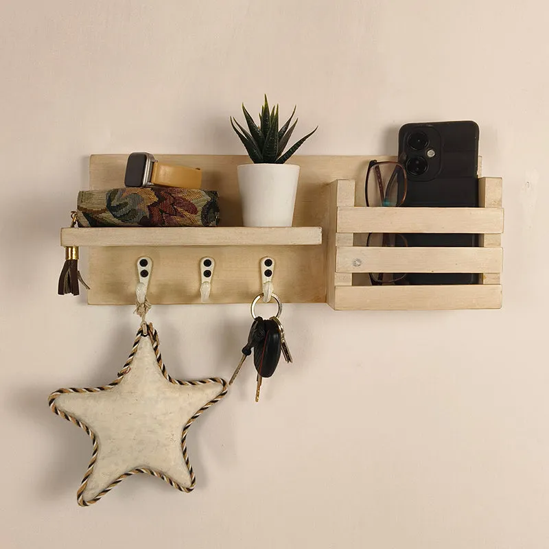 Ananta Wooden Wall Shelf Organiser with Key Holders media 3