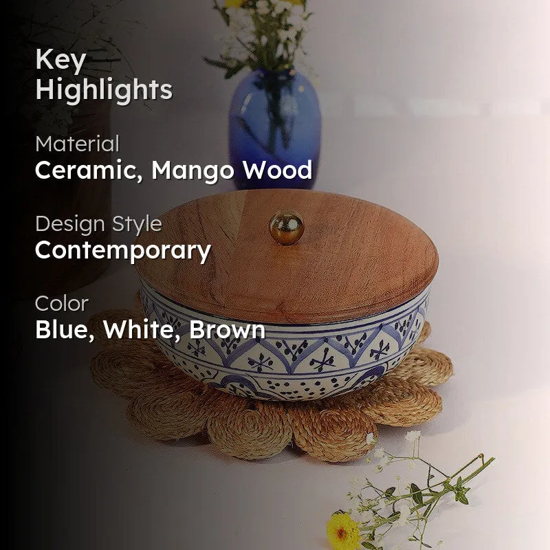 Tidal Ocean Bloom Ceramic Bowl with Mango Wood Lid - 750 mL media 2