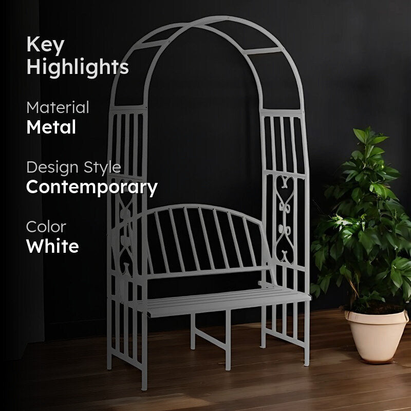 Arch Arbor Metal Outdoor Bench With Planter Stand - White media 2