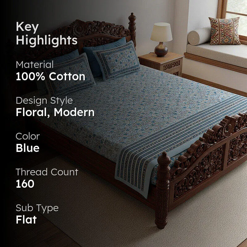 Dhriti Cotton Bedsheet (Blue) - 180 TC media 2
