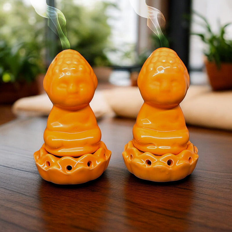 Buddha Ceramic Incense Holder (Orange) - Four Piece Set
