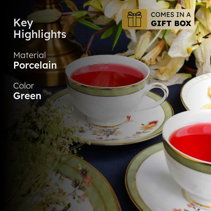 Painted Blooms 24k Gold Brushed Porcelain Tea Cup & Saucer (300 mL) - Set of Six media 2