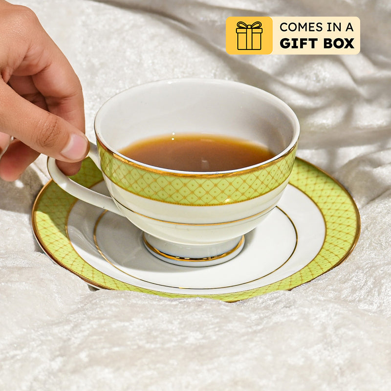 Princely 24k Gold Brushed Porcelain Tea Cup & Saucer (280 mL) - Set of Six