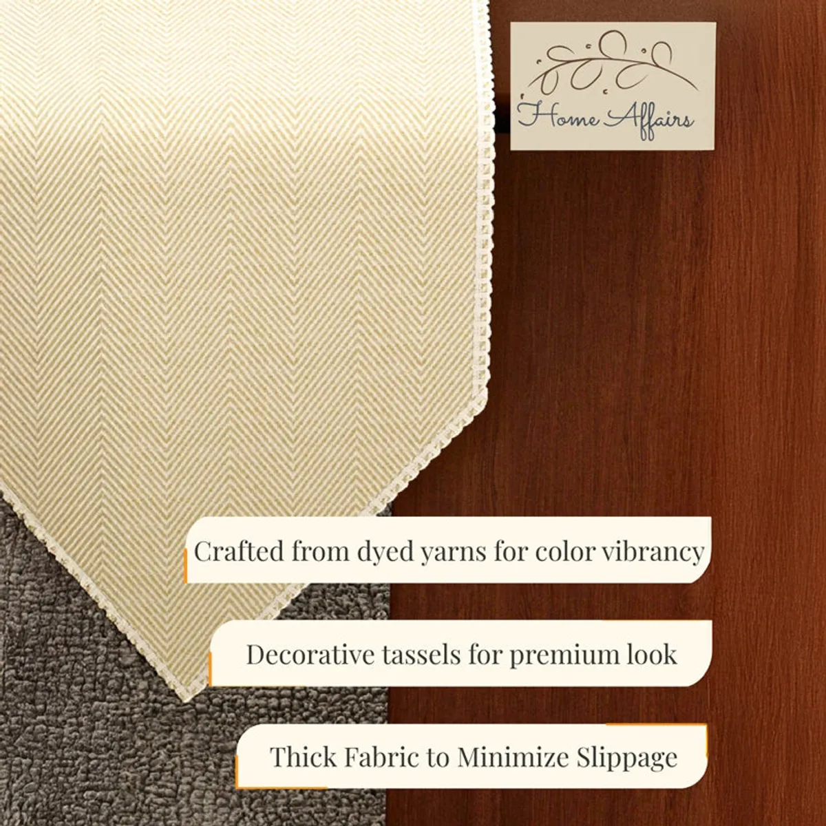 Close-up of the beige table runner's lace-trimmed edge on a wooden table
