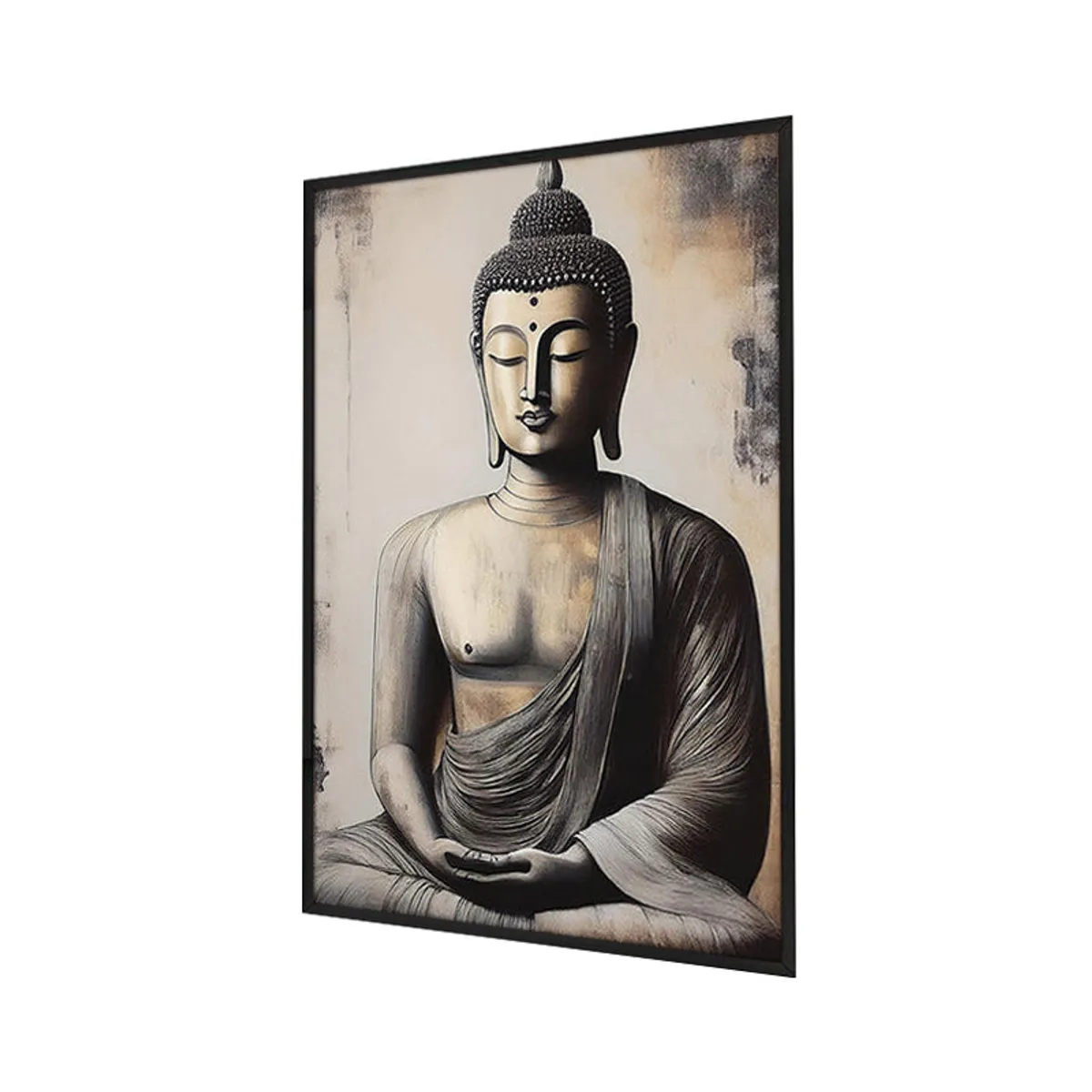 Angled view of a framed meditation wall painting on a white background
