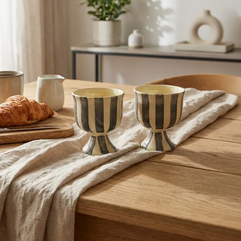 Pair of striped ceramic pedestal cups on a wooden table with a soft neutral setting