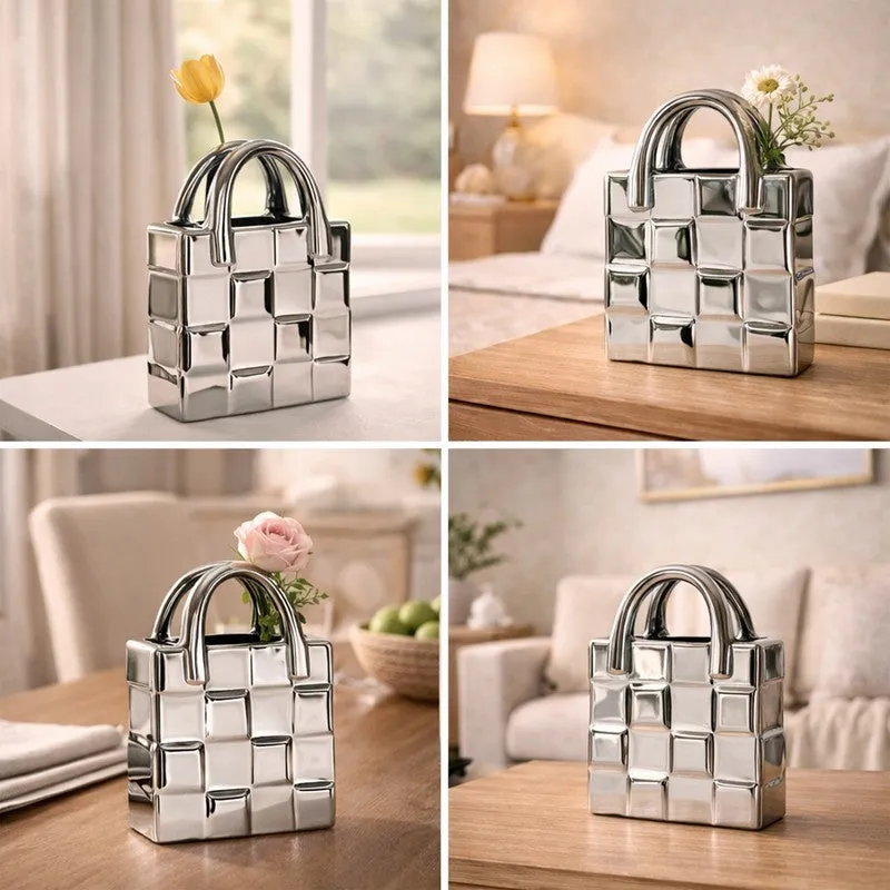 Four lifestyle views of the silver handbag-shaped vase with floral stems