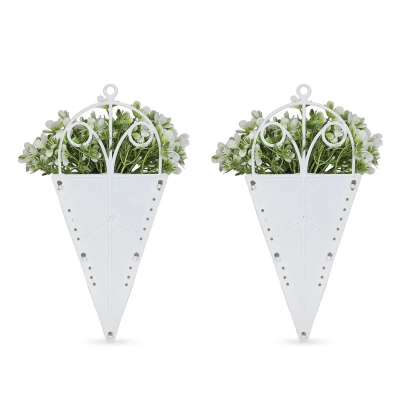 Artificial Flowers (Green,White) with Pot - Set Of Two media 4