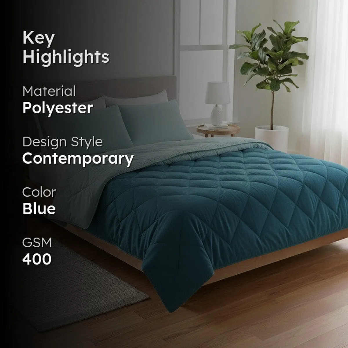 Blue and pale teal quilted comforter styled in a bright contemporary bedroom
