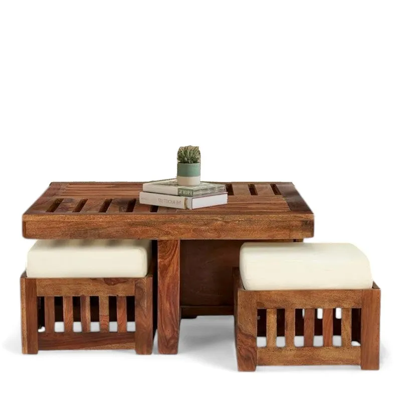 Gaviron Sheesham Wooden Center Table with Stools and Cushions (Brown) - Nine Piece Set media 5