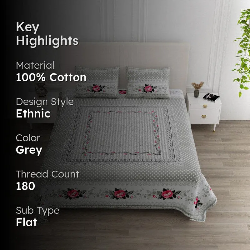 Kellan Floral Cotton Bedsheet (Grey) - 180 TC media 2