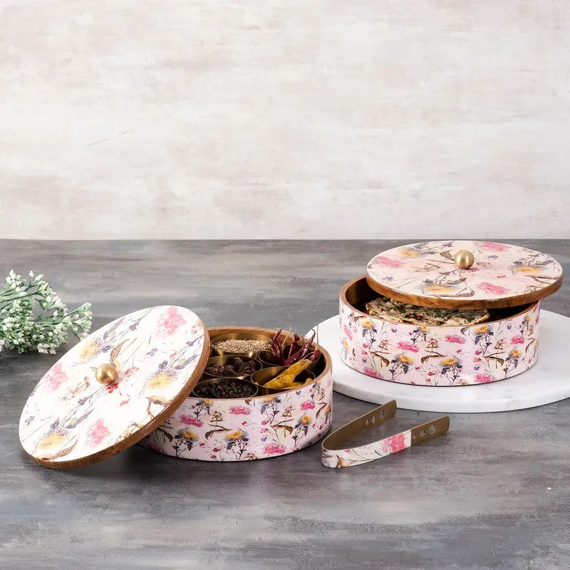 Flavox Mango Wood Round Masala Box - Three Piece Set media 1